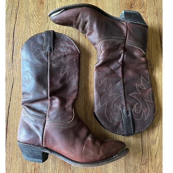 Durango Vtg 90's Brown Leather Brass Tipped Cowboy Boots Size 7 - Picture 1 of 9